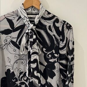 Alice + Olivia Silk Monochrome Abstract Floral Tie Blouse